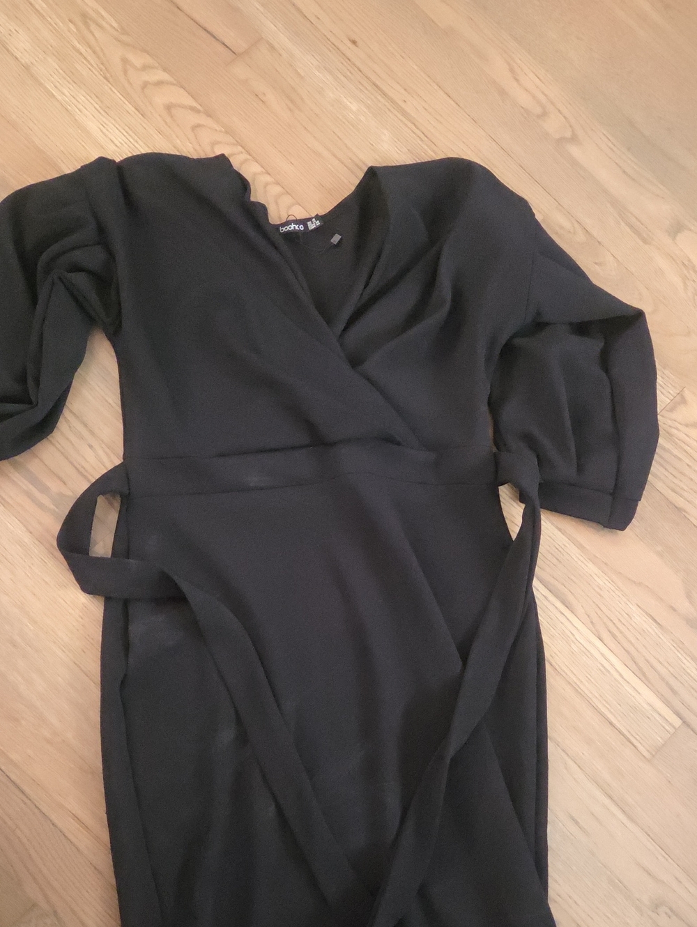 Boohoo Black Wrap Midi Dress with Puff Sleeves